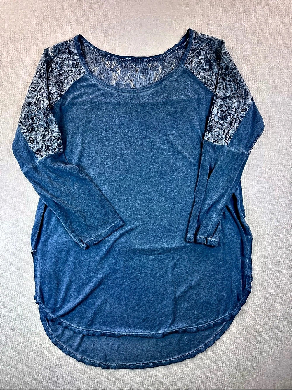 Floral Lace Yoke Top Shirt Blouse Tunic Blue Rayon Flowy McBling Y2K Western
